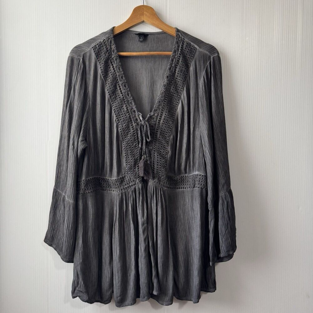 Torrid Babydoll Top Bell Sleeve Crinkle Gauze Mineral Wash CharcoalBlack 1X Boho